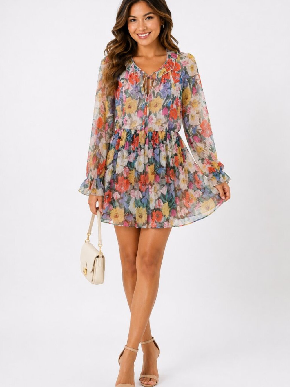 AAKAA Floral Ruffle Hem Mini Dress Puff Sleeve XS